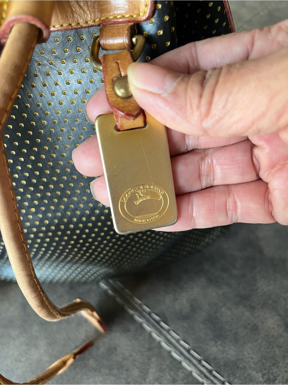 Dooney & Bourke-Vintage Black and Tan Drawstring Bucket Bag with Gold Studs - Picture 5 of 10
